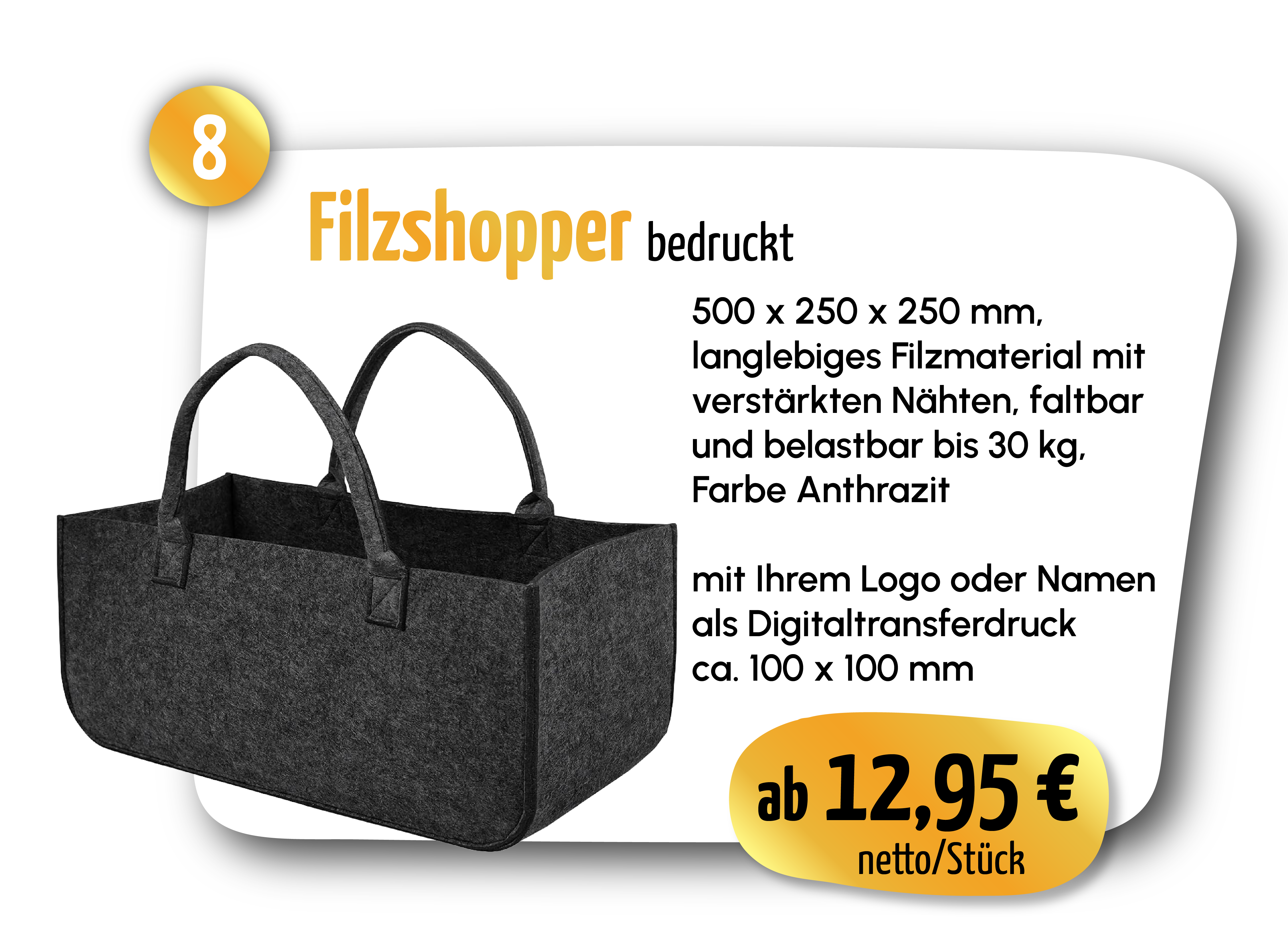 Filzshopper bedruckt – 500 x 250 x 250 mm, langlebiges Filzmaterial mit verstärkten Nähten, faltbar und belastbar bis 30 kg, Farbe Anthrazit. ab 12,95 € netto/Stück
