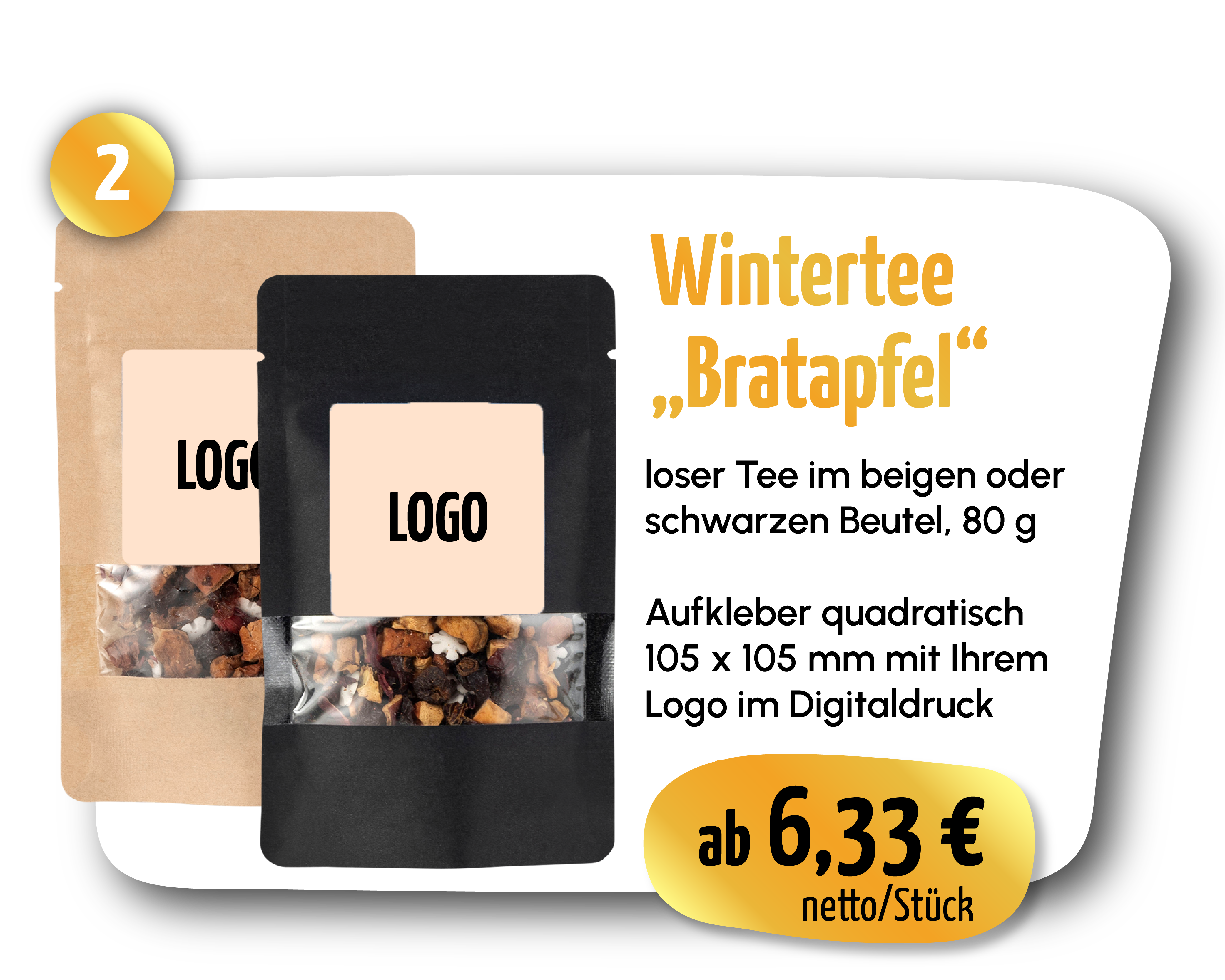 Wintertee „Bratapfel" – Loser Tee im beigen oder schwarzen Beutel, 80 g. ab 6,33 € netto/Stück